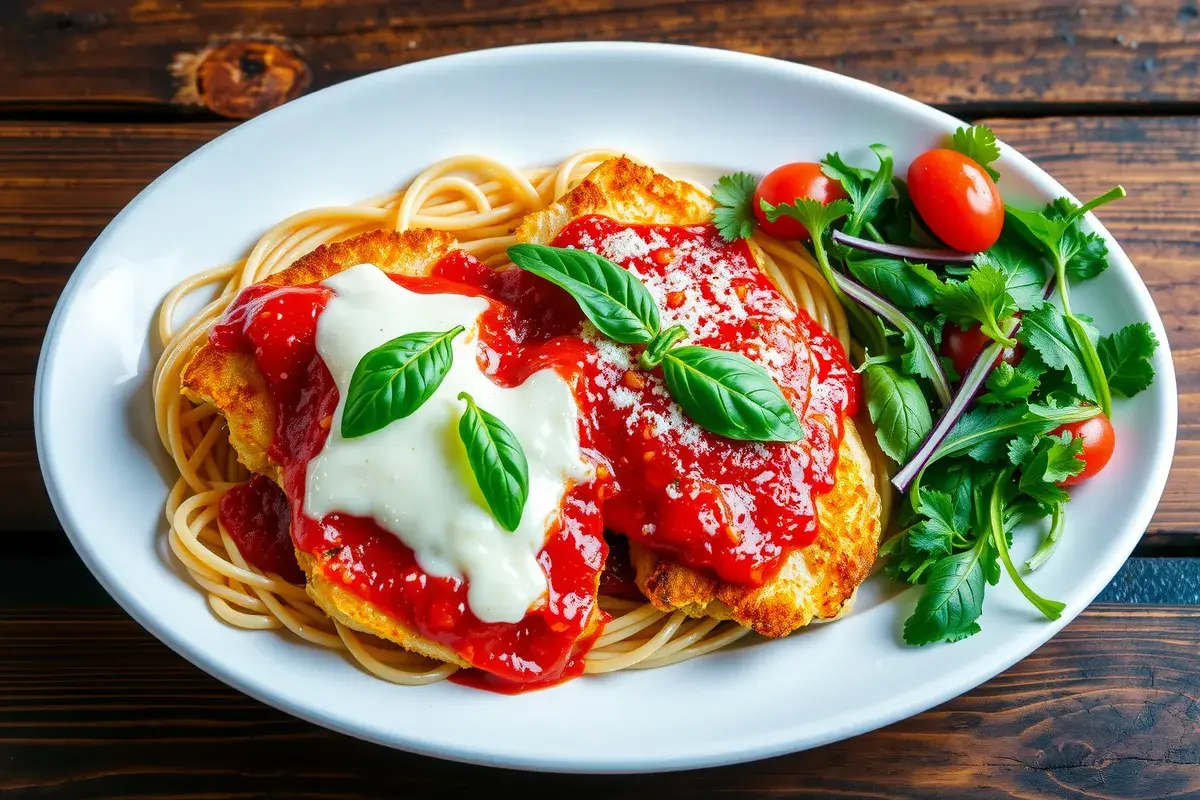 Chicken parmesan with melted cheese, marinara sauce, spaghetti, and arugula salad.