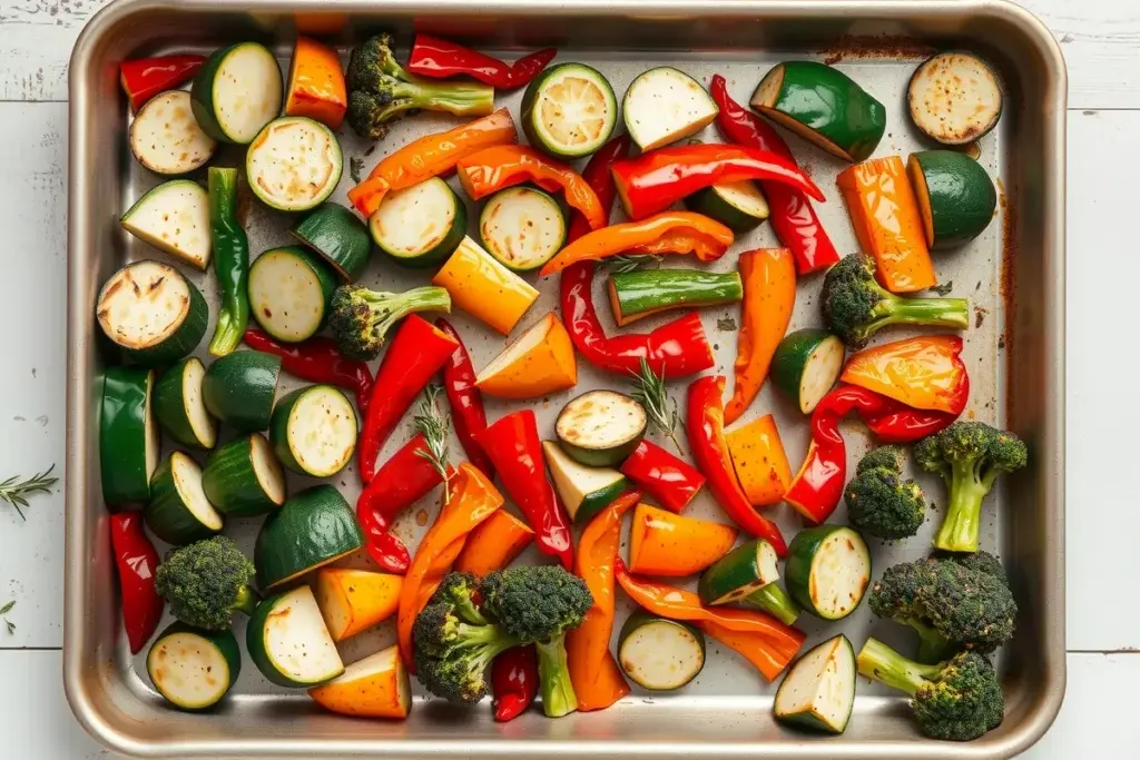 What to Serve With Chicken Parmesan ?Roasted vegetables including zucchini, bell peppers, and broccoli on a baking sheet.