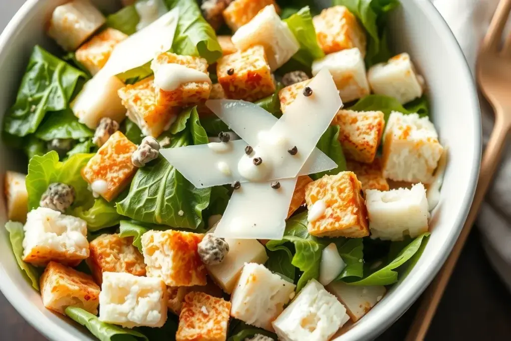 Caesar salad with romaine lettuce, croutons, shaved parmesan, and creamy dressing.
