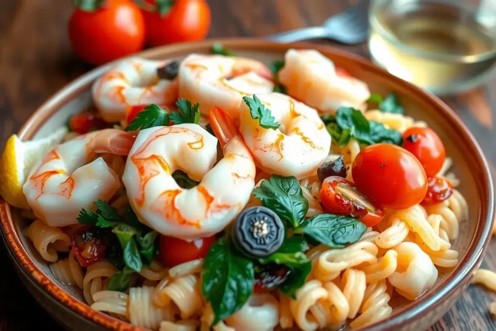 Shrimp orzo with cherry tomatoes, spinach, and parsley, served with a lemon wedge.