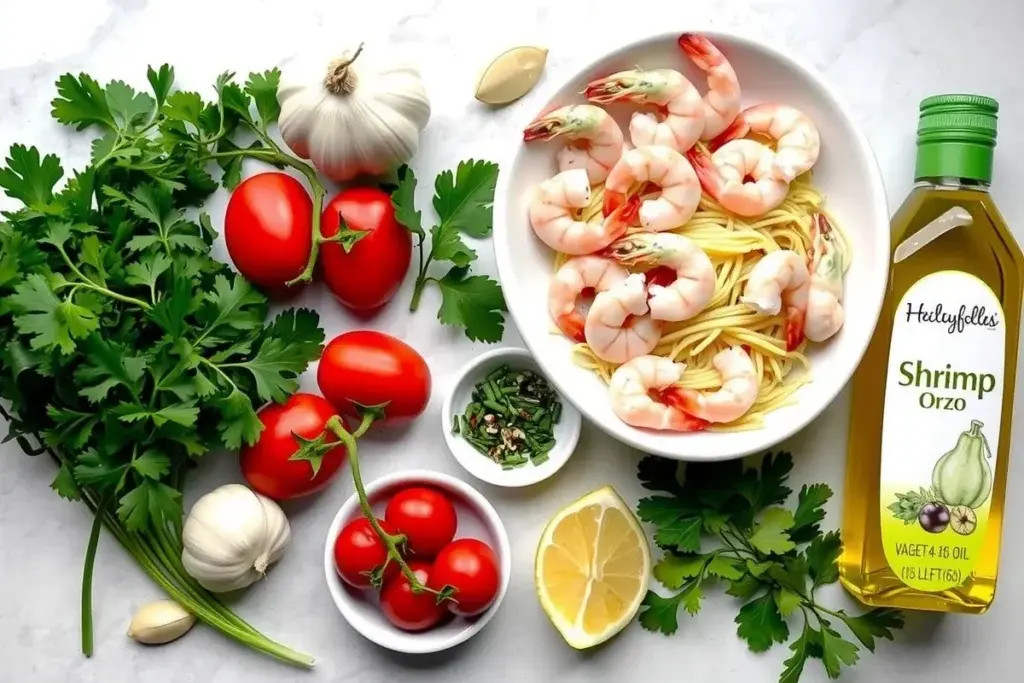 Ingredients for shrimp orzo, including shrimp, orzo, tomatoes, garlic, parsley, and olive oil.
