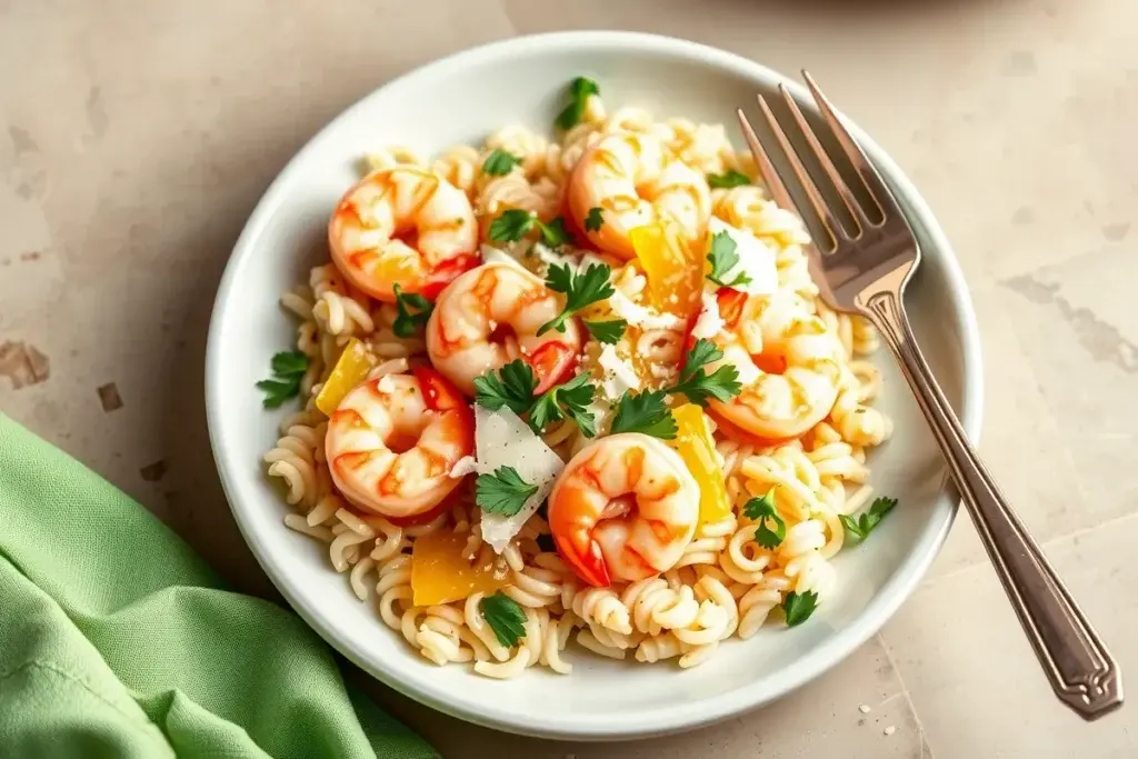 Plated shrimp orzo garnished with parsley, Parmesan, and olive oil.
