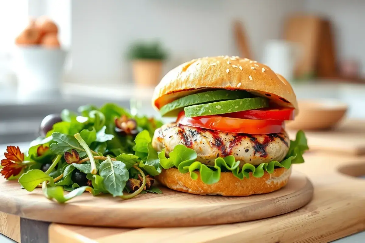 Healthy turkey burger with lettuce, tomato, and avocado on a whole-grain bun.