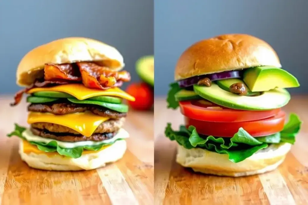 Comparison of a high-calorie turkey burger and a healthier version with better ingredient choices.