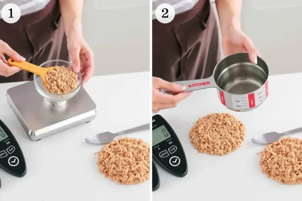 Measuring turkey burger patties on a kitchen scale for portion control.
