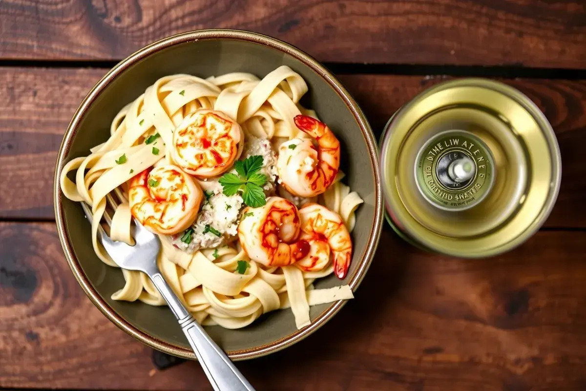 Cajun shrimp alfredo with creamy fettuccine, seared shrimp, Parmesan, and parsley, served on a wooden table.