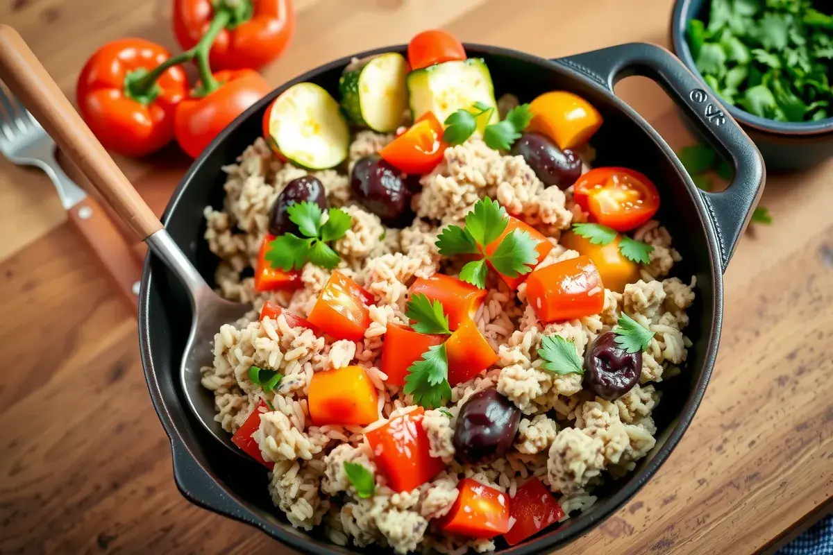 Ground turkey and rice recipes skillet with fresh vegetables and herbs served in a cast-iron pan.