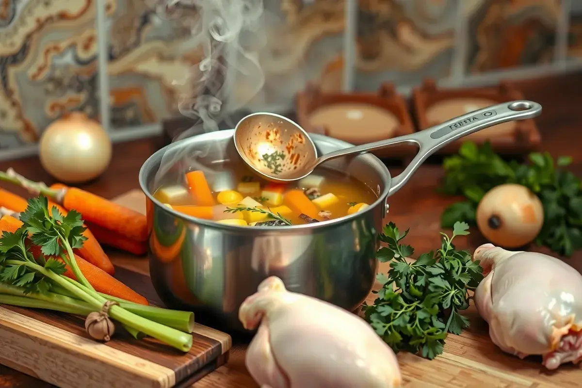 Golden chicken broth simmering in a pot with fresh vegetables and herbs.