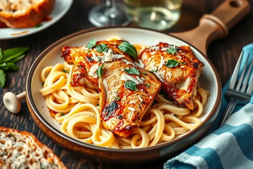 Chicken thigh pasta with creamy fettuccine, fresh herbs, and grated Parmesan cheese.