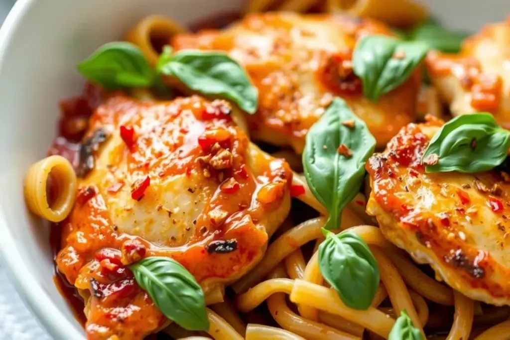 Chicken thighs with al dente pasta in a rich tomato sauce, garnished with basil and chili flakes.
