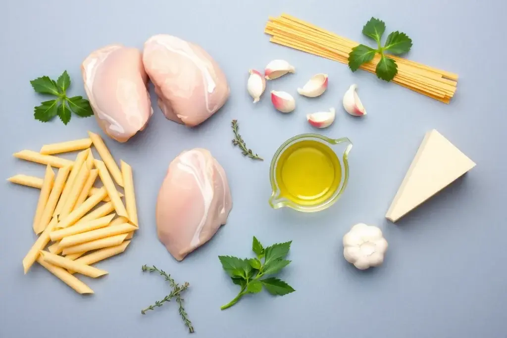 Ingredients for chicken thigh pasta: chicken thighs, pasta, garlic, fresh herbs, olive oil, and Parmesan cheese.
