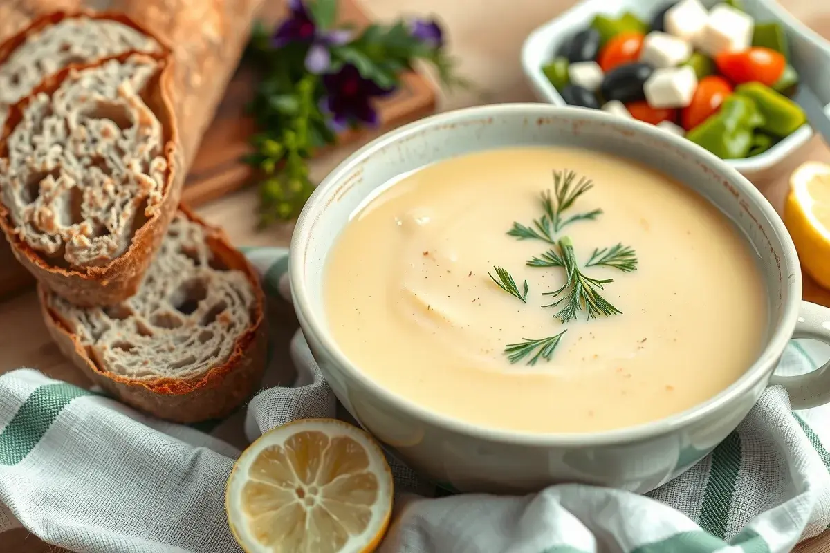 A bowl of creamy ovgolemono soup garnished with dill and lemon, served with bread and a side Greek salad.