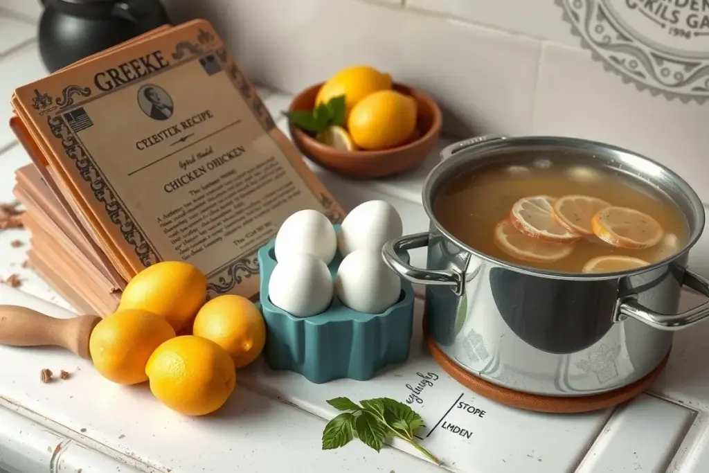 Ingredients for traditional avgolemono soup—lemons, eggs, and chicken broth—on a rustic kitchen counter.
