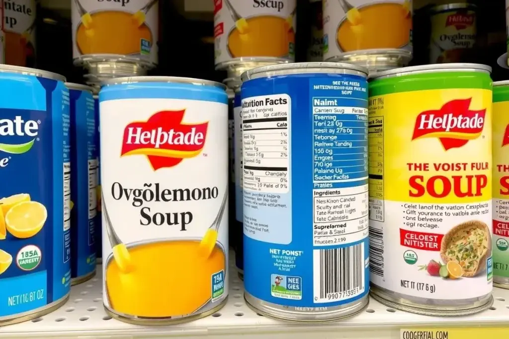 A variety of ovgolemono canned soups on a grocery shelf, with one can's ingredient label highlighted.
