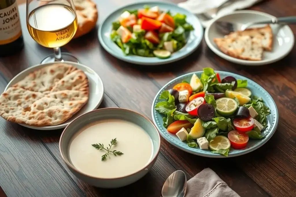 A bowl of avgolemono soup served with pita bread, Greek salad, and white wine on a dinner table.
