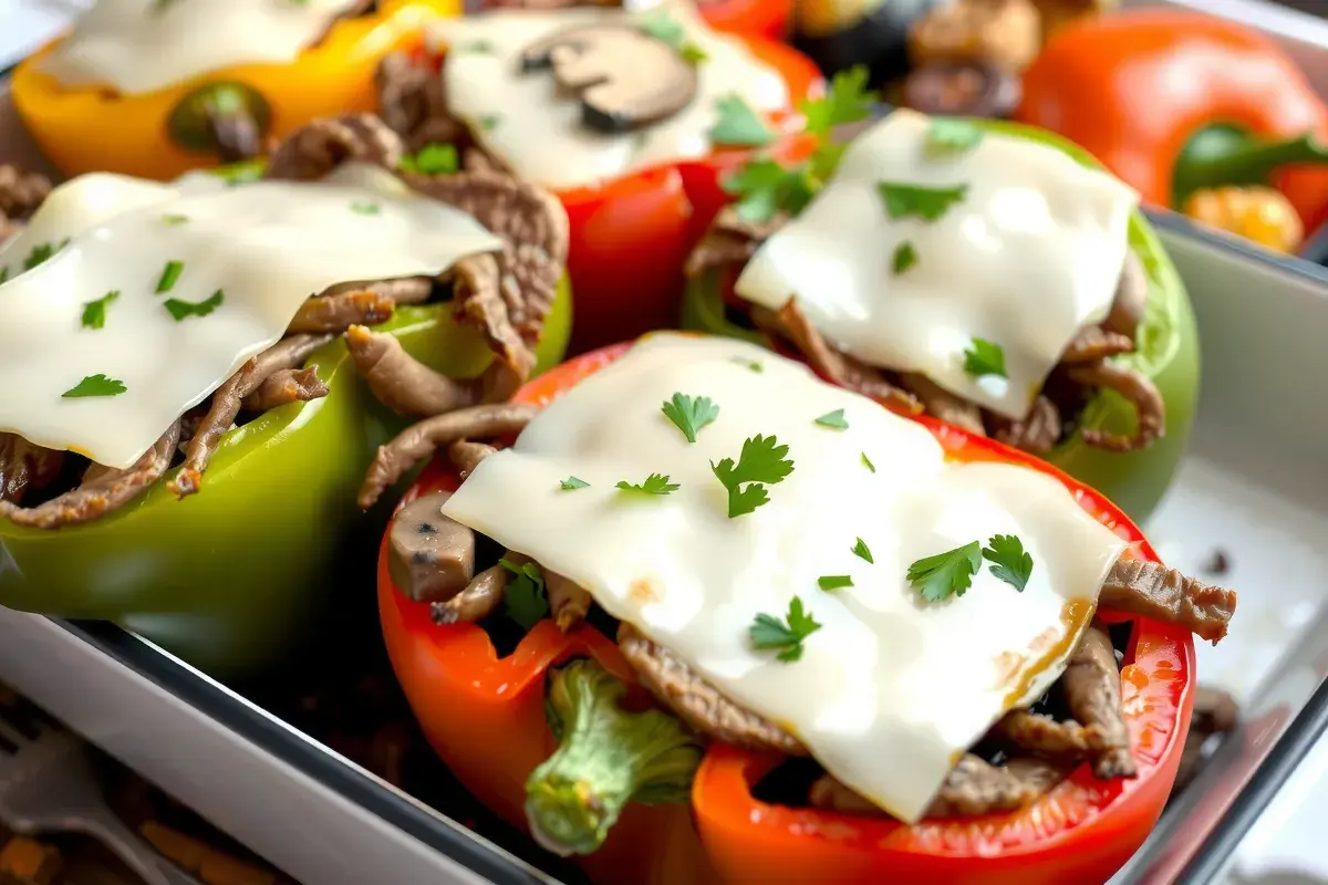 Cheesesteak stuffed peppers with melted provolone cheese and garnished with fresh parsley in a baking dish.