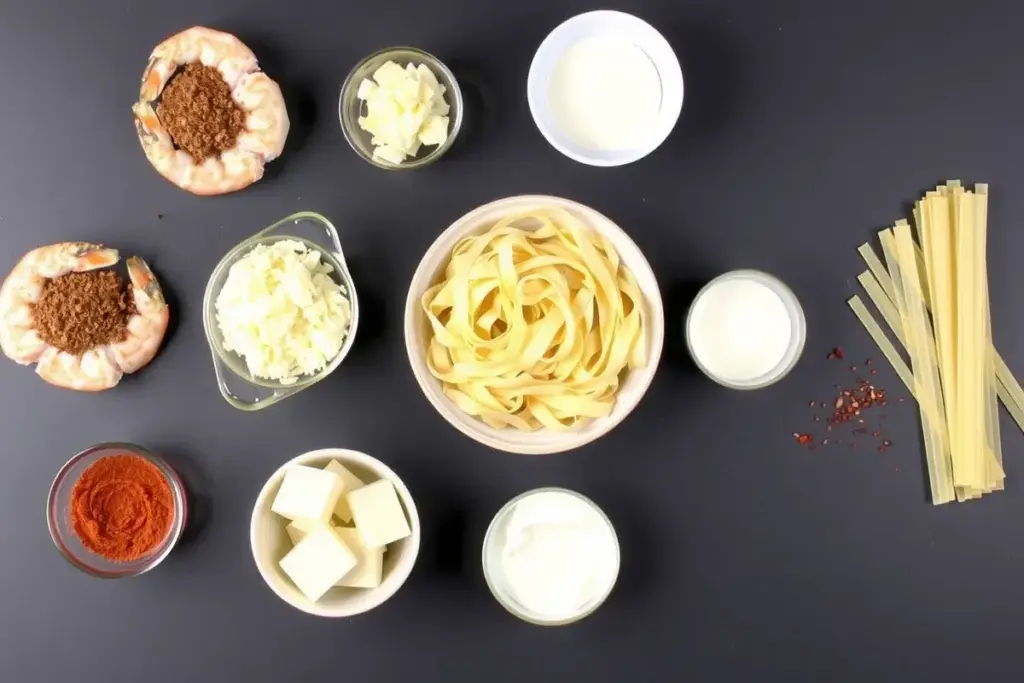 Ingredients for cajun shrimp alfredo, including seasoned shrimp, Parmesan, garlic, cream, and pasta.