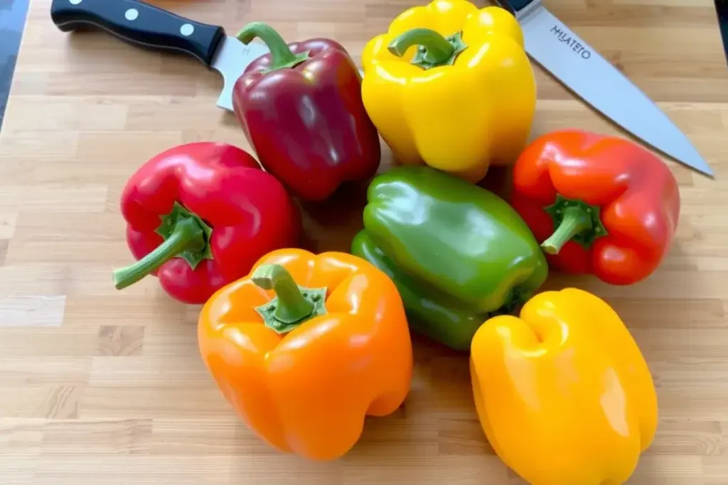 A variety of red, yellow, orange, and green bell peppers on a wooden cutting board.
