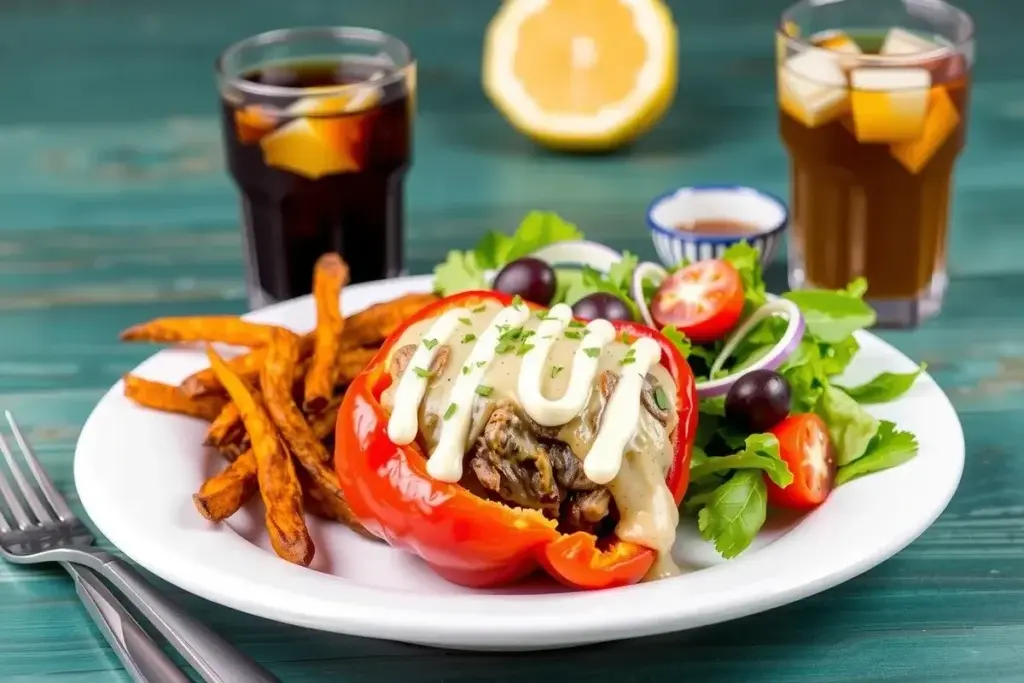 Cheesesteak stuffed pepper served with a green side salad and roasted sweet potato fries.
