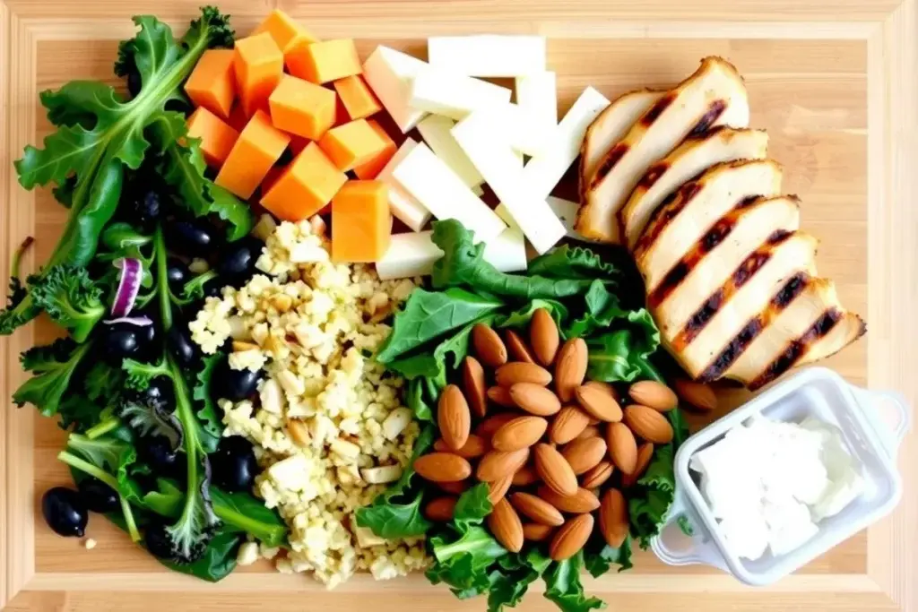 Ingredients for a harvest bowl sweetgreen: kale, quinoa, sweet potatoes, grilled chicken, goat cheese, and almonds.
