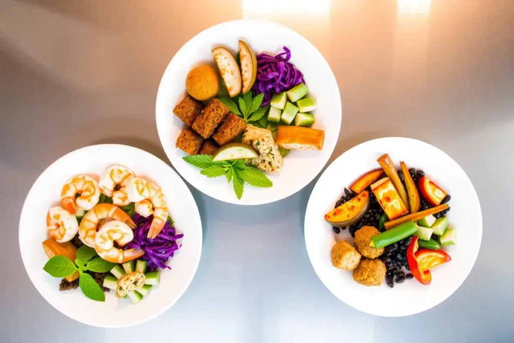 Three customized harvest bowls featuring shrimp, falafel, and extra roasted vegetables.
