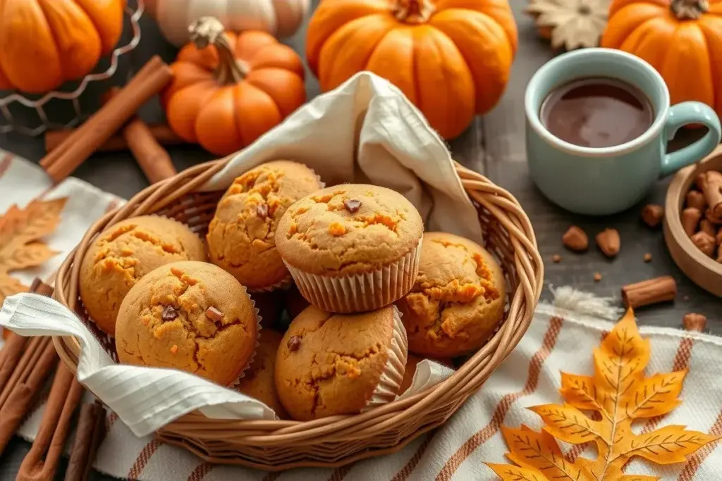 Freshly baked protein pumpkin muffins in a basket with pumpkins and cinnamon sticks on a wooden table.