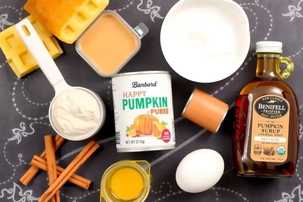 Essential ingredients for protein pumpkin muffins, including protein powder, pumpkin purée, cinnamon, and eggs.
