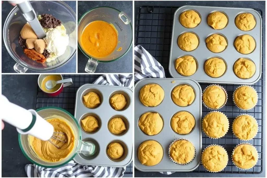 Step-by-step visuals of making protein pumpkin muffins, from mixing the batter to cooling the muffins.
