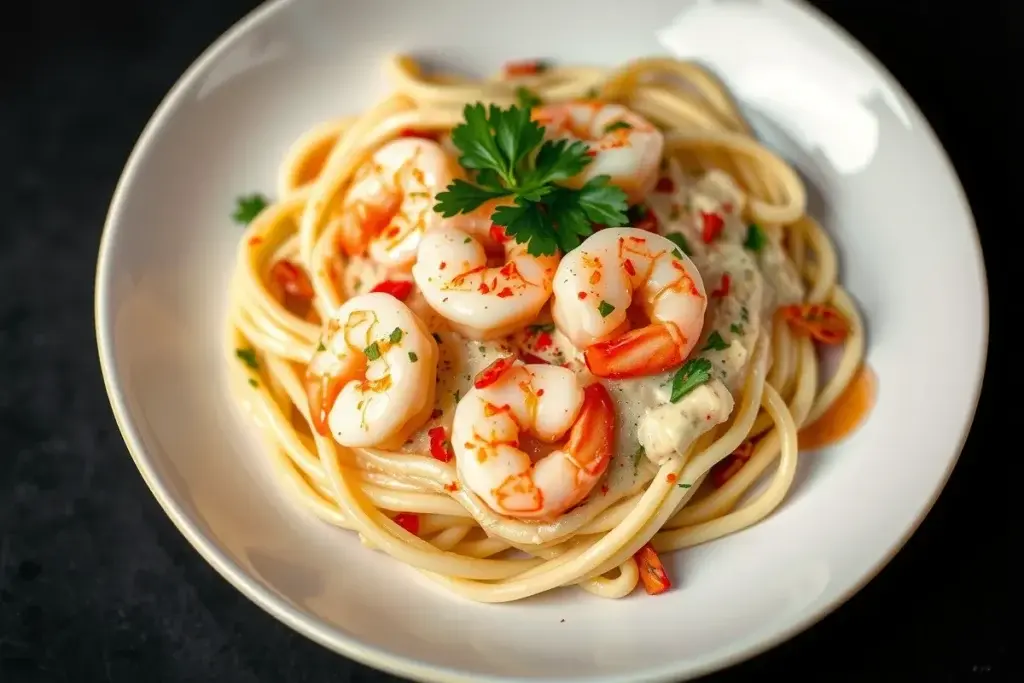 A plate of cajun shrimp alfredo with parsley, red pepper flakes, and Parmesan garnish.