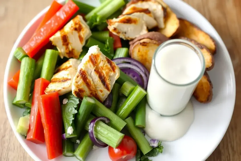 Healthy ranch dressing served with veggie sticks, grilled chicken salad, and baked potato wedges.