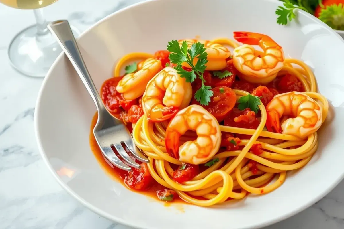 Spicy shrimp pasta with tomato sauce, parsley, and chili flakes served in a white bowl.