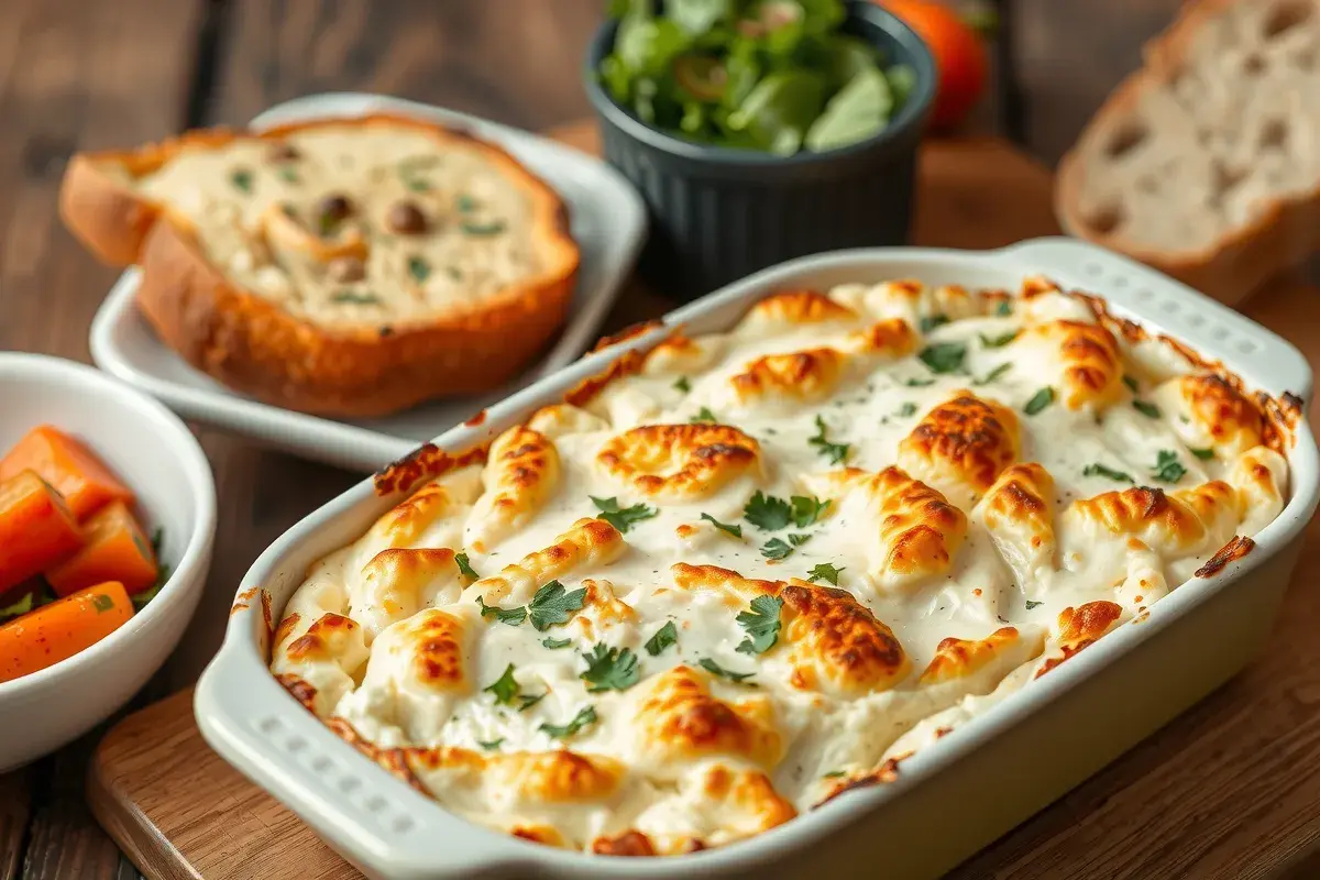 Golden baked cottage cheese garnished with parsley, served alongside roasted vegetables and greens.