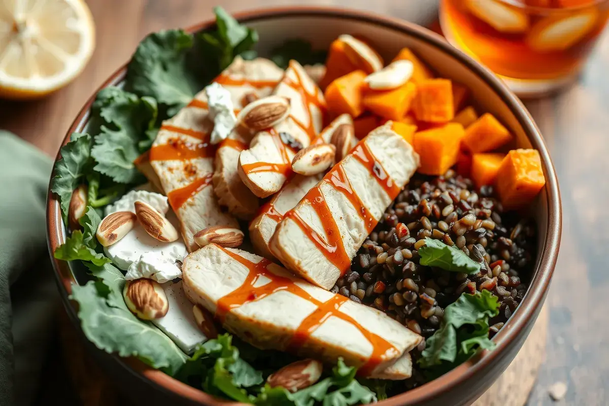 A colorful harvest bowl sweetgreen with kale, sweet potatoes, quinoa, chicken, goat cheese, and balsamic vinaigrette.