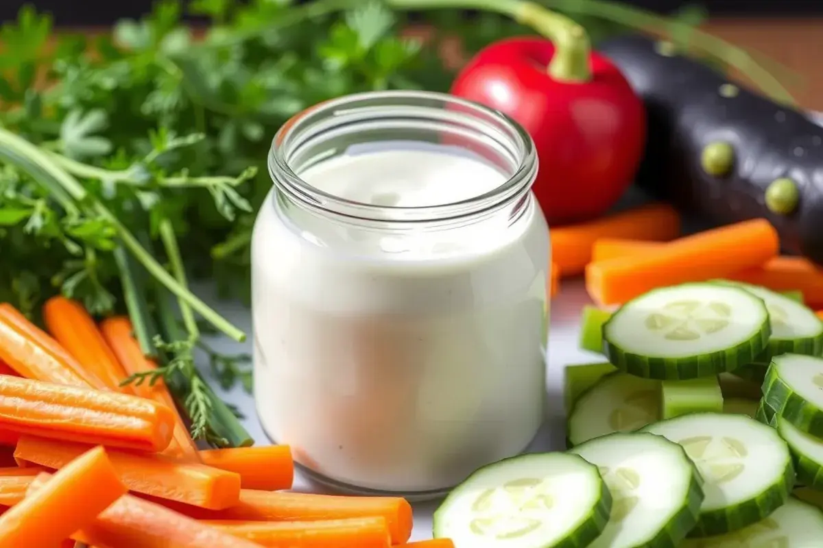 Jar of healthy ranch dressing with fresh herbs and vegetable dippers.