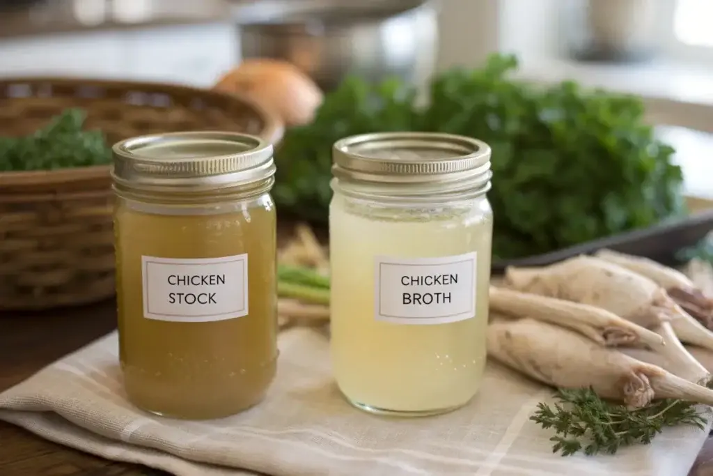 Side-by-side jars of chicken stock and chicken broth, labeled and displayed with fresh herbs.
