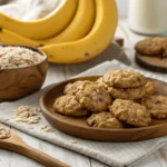 A plate of homemade banana oatmeal cookies with bananas and oats in the background.