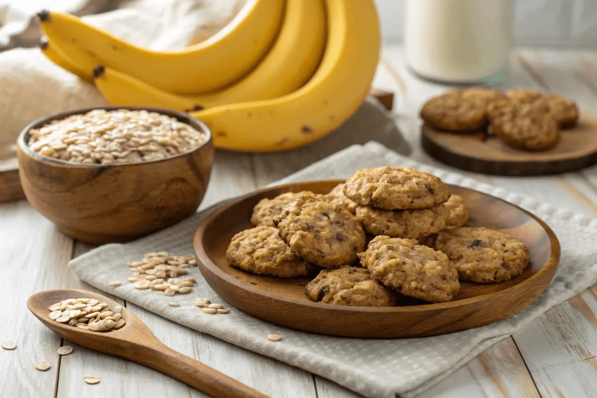 A plate of homemade banana oatmeal cookies with bananas and oats in the background.