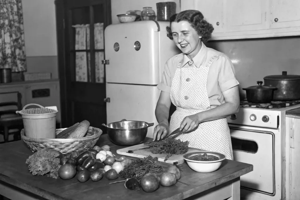 A historical photo of Helen Corbitt in her kitchen, preparing Texas Caviar.