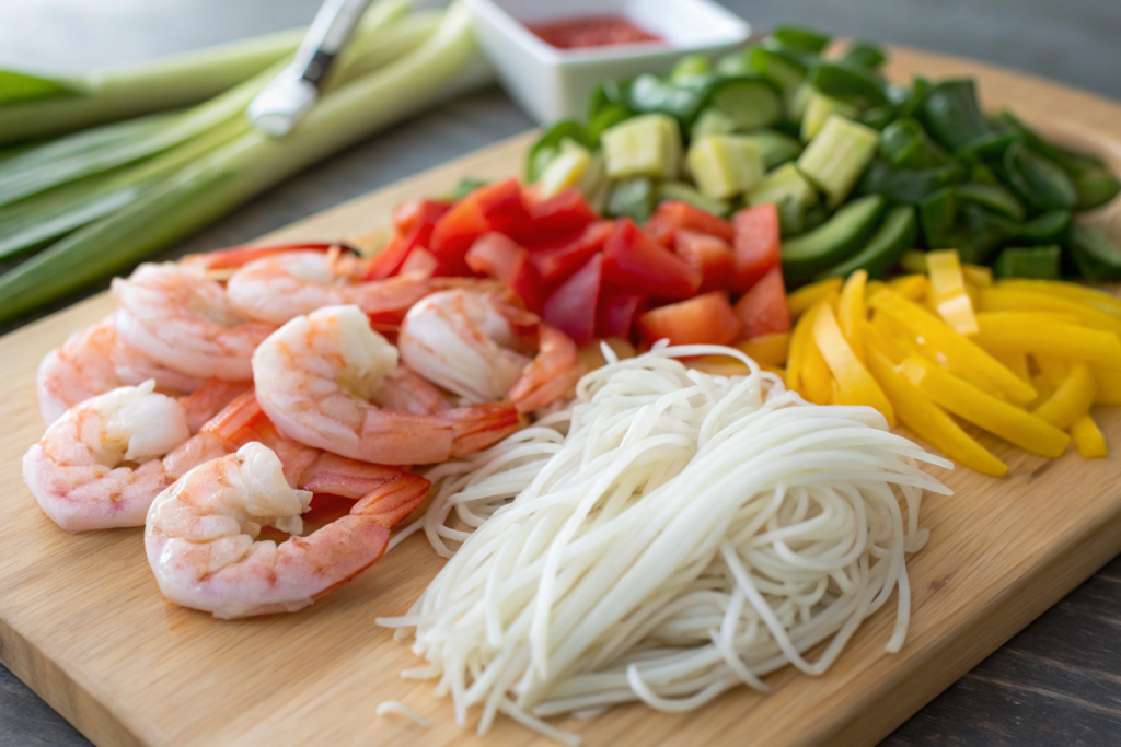 Fresh shrimp, vegetables, and noodles for chow mein.