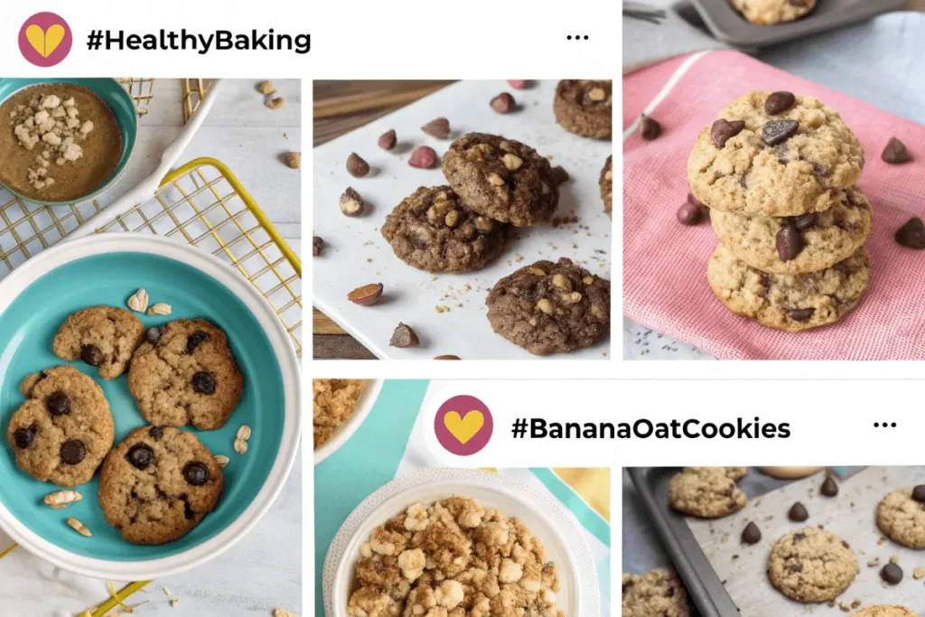 Social media collage of banana oatmeal cookies trending online.