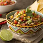 A vibrant bowl of Texas Caviar with tortilla chips on the side.