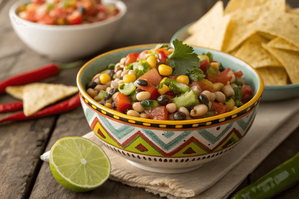 A vibrant bowl of Texas Caviar with tortilla chips on the side.