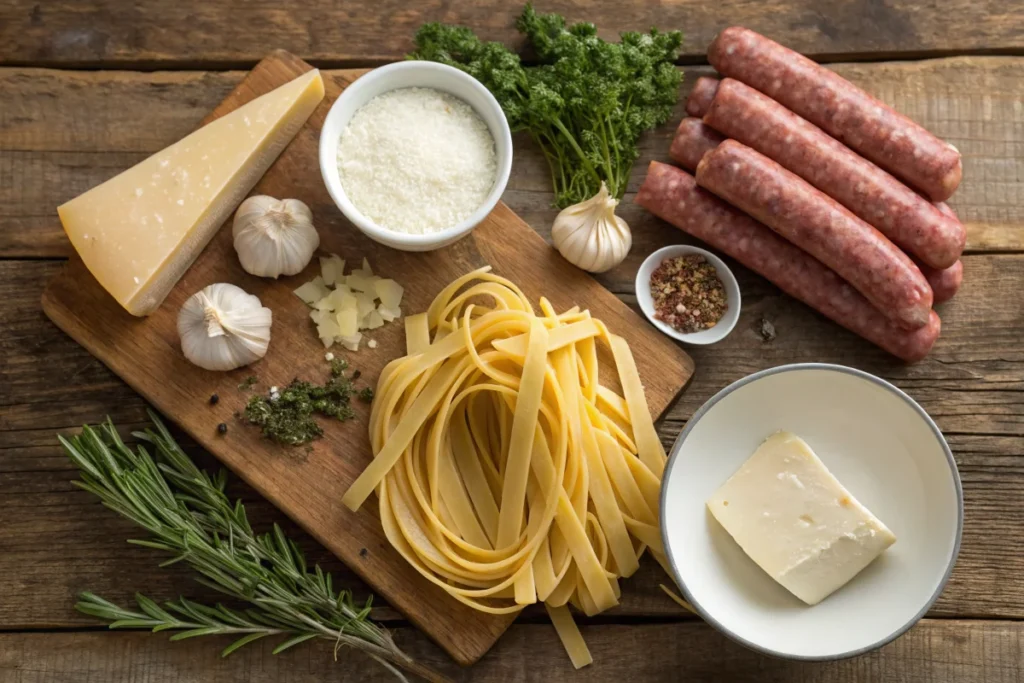 Key ingredients for sausage Alfredo pasta laid out on a rustic wooden surface.