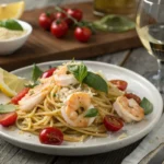 A plated dish of shrimp spaghetti with fresh basil and Parmesan.