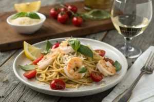 A plated dish of shrimp spaghetti with fresh basil and Parmesan.