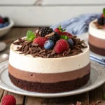 Triple Chocolate Mousse Cake with layers of dark, milk, and white chocolate mousse garnished with berries.