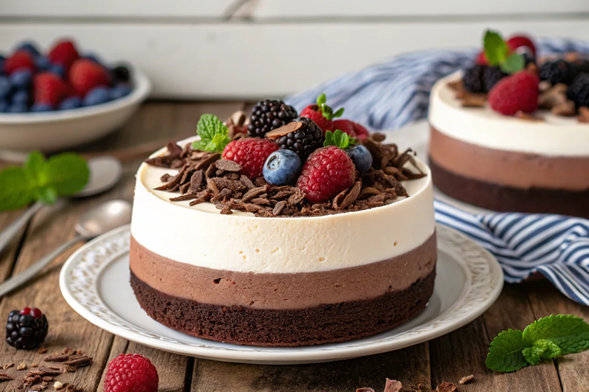 Triple Chocolate Mousse Cake with layers of dark, milk, and white chocolate mousse garnished with berries.