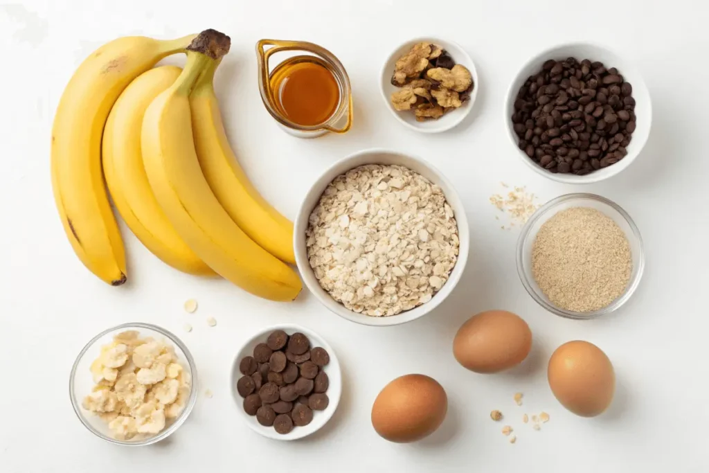 Key ingredients for making banana oatmeal cookies displayed on a wooden table.