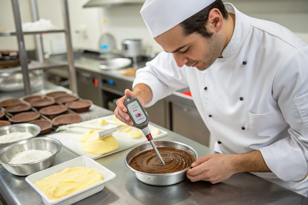 Pastry chef demonstrating mousse cake preparation techniques.