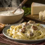 A rustic plate of Alfredo pasta with sausage in a traditional Italian kitchen setting.